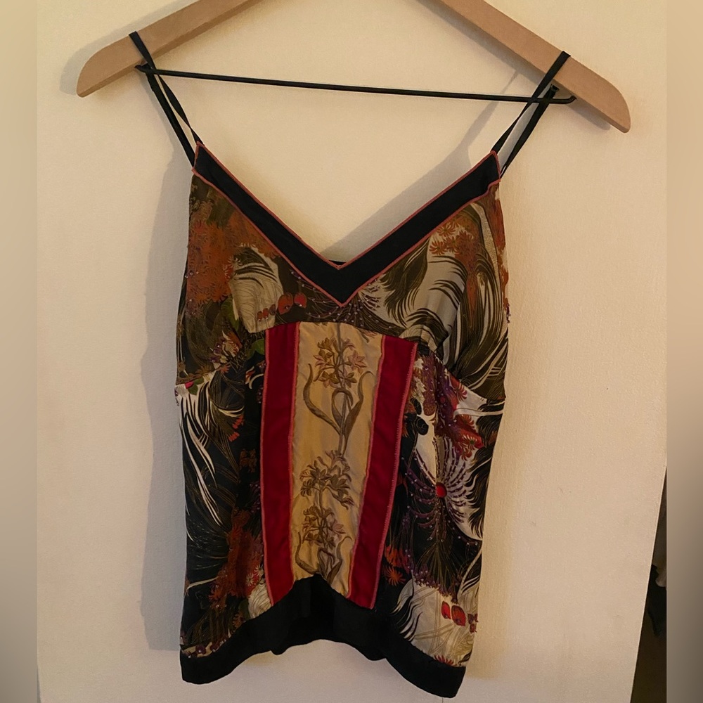 Colorful patterned tank top with velvet and beaded accents